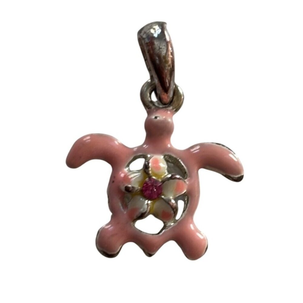 Pink Enamel Turtle Pendant With Floral Design & Crystal Accents